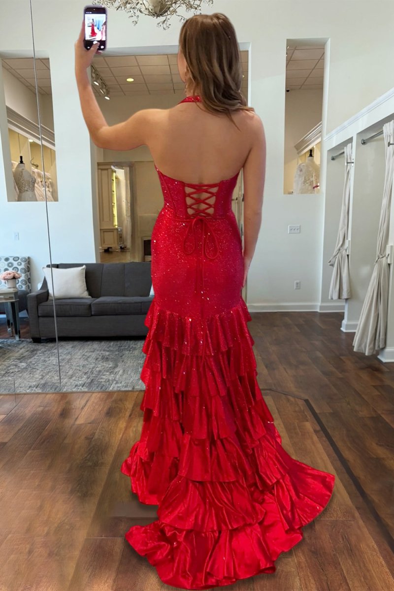 Oree | Red - Halter Mermaid Satin Beaded Long Formal Prom Dresses With Ruffles - KissProm