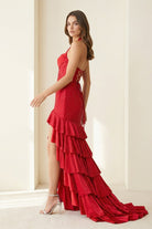 Oree | Red - Halter Mermaid Satin Beaded Long Formal Prom Dresses With Ruffles - KissProm