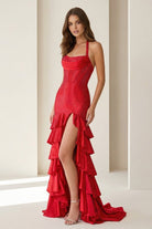 Oree | Red - Halter Mermaid Satin Beaded Long Formal Prom Dresses With Ruffles - KissProm