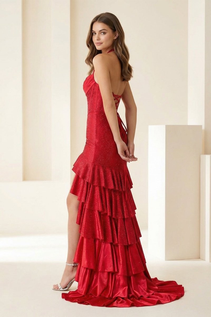 Oree | Red - Halter Mermaid Satin Beaded Long Formal Prom Dresses With Ruffles - KissProm