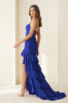 Oree | Red - Halter Mermaid Satin Beaded Long Formal Prom Dresses With Ruffles - KissProm