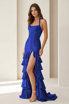 Oree | Red - Halter Mermaid Satin Beaded Long Formal Prom Dresses With Ruffles - KissProm