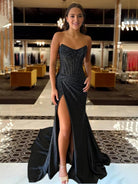 Oren | Mermaid Gold Satin Corset Long Prom Dresses with Slit - KissProm