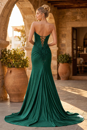Mermaid Gold Strapless Satin Corset Long Prom Dresses with Slit - KissProm