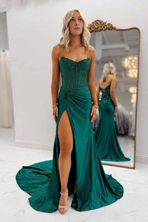 Oren | Mermaid Gold Satin Corset Long Prom Dresses with Slit - KissProm