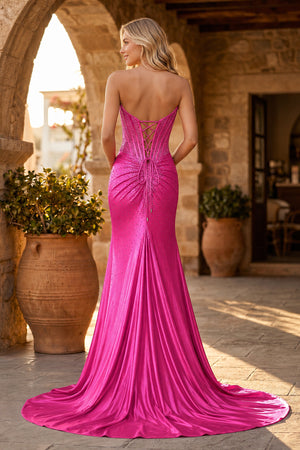 Mermaid Gold Strapless Satin Corset Long Prom Dresses with Slit - KissProm