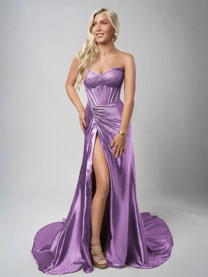 Oren | Mermaid Lilac Satin Corset Long Prom Dresses with Slit - KissProm