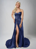 Mermaid Gold Strapless Satin Corset Long Prom Dresses with Slit – Prom Dresses by KissProm | Available at KissProm
