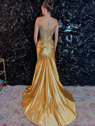 Oren | Mermaid Gold Satin Corset Long Prom Dresses with Slit - KissProm