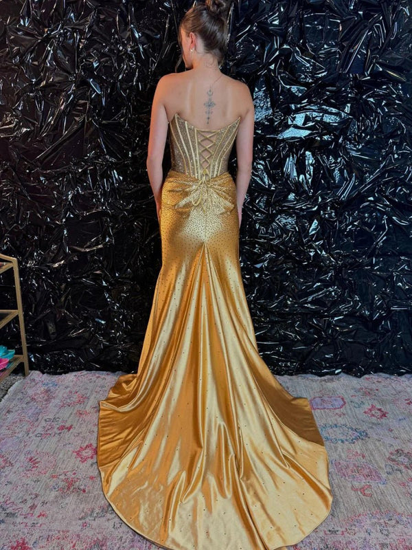 Oren | Mermaid Gold Satin Corset Long Prom Dresses with Slit - KissProm