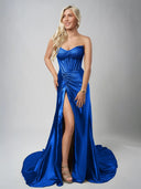 Mermaid Gold Strapless Satin Corset Long Prom Dresses with Slit – Prom Dresses by KissProm | Available at KissProm