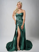 Mermaid Gold Strapless Satin Corset Long Prom Dresses with Slit – Prom Dresses by KissProm | Available at KissProm
