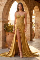 Mermaid Gold Strapless Satin Corset Long Prom Dresses with Slit - KissProm