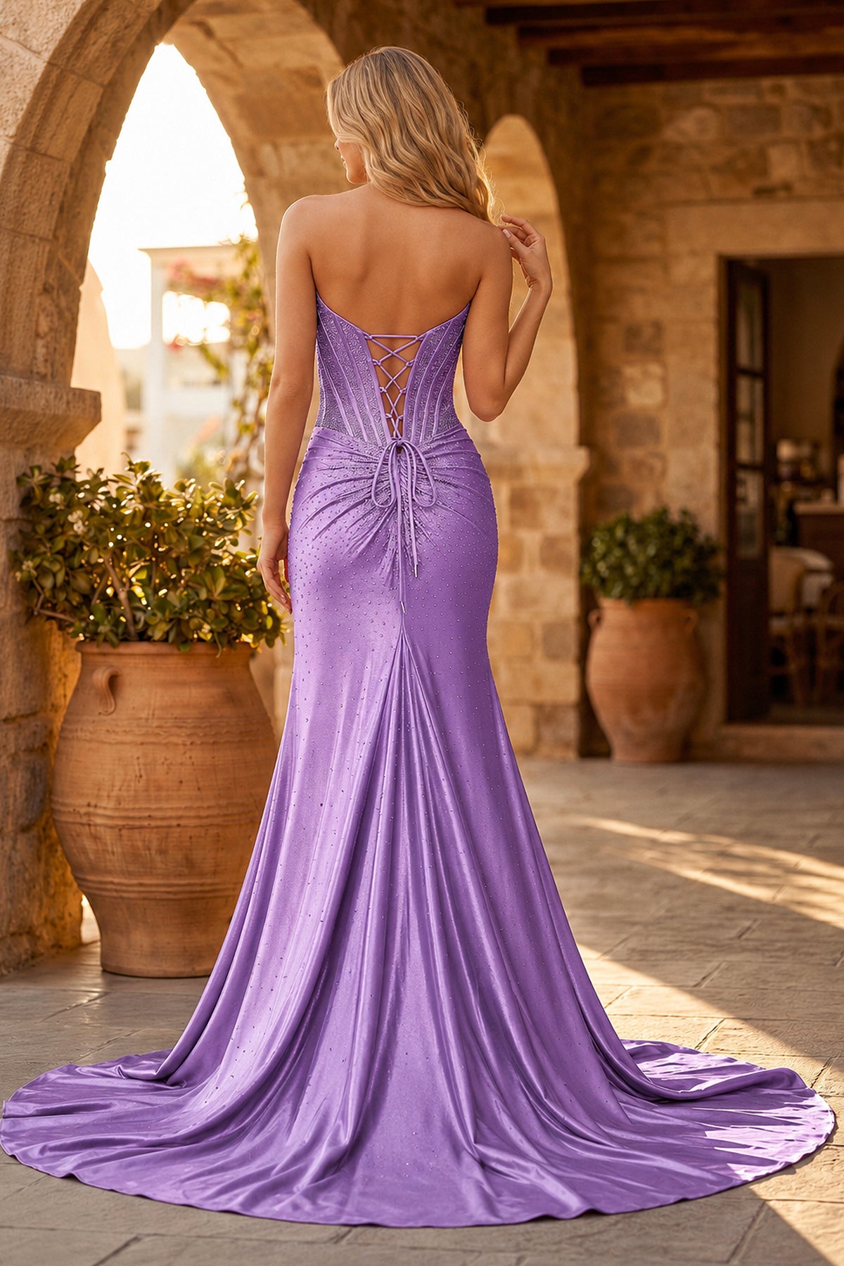 Mermaid Gold Strapless Satin Corset Long Prom Dresses with Slit