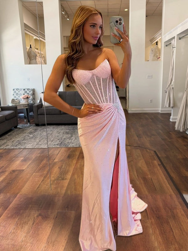 Oren | Mermaid Pink Satin Corset Long Prom Dresses with Slit - KissProm