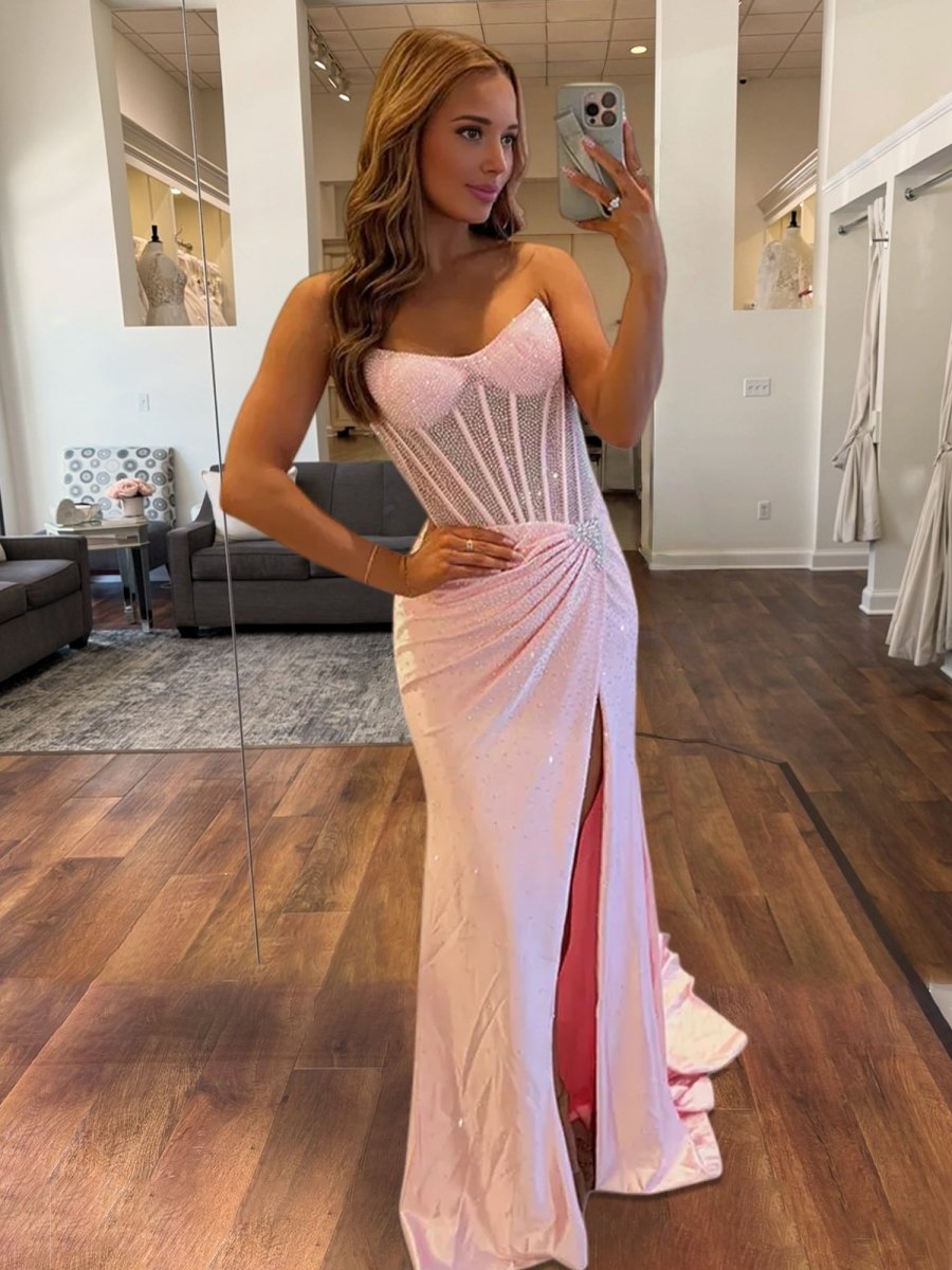 Oren | Mermaid Gold Satin Corset Long Prom Dresses with Slit - KissProm