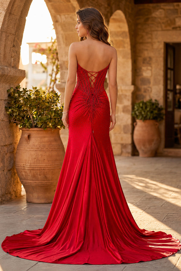 KissProm Mermaid Gold Strapless Satin Corset Long Prom Dresses with Slit, Red / 0