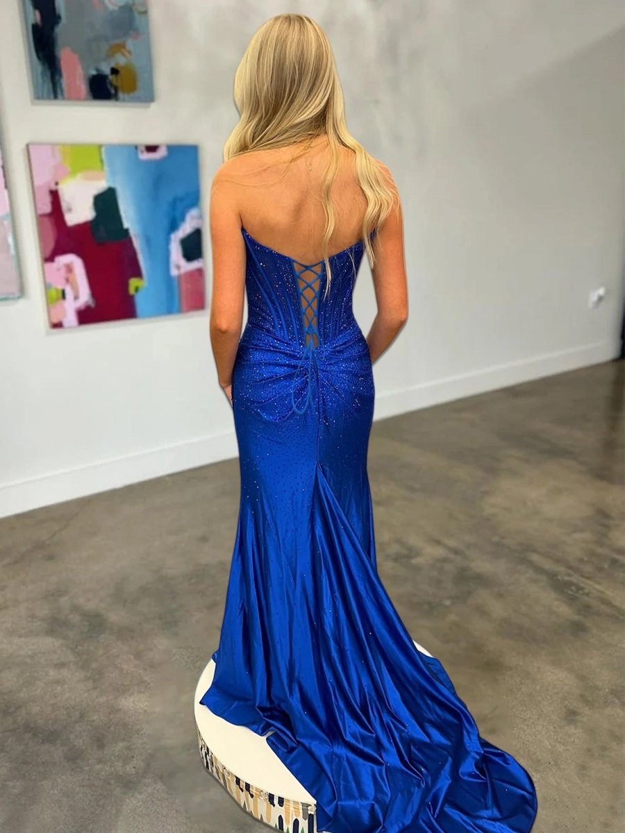 Mermaid Gold Strapless Satin Corset Long Prom Dresses with Slit Mermaid Gold Strapless Satin Corset Long Prom Dresses with Slit