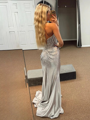 Oren | Mermaid Silver Satin Corset Long Prom Dresses with Slit - KissProm