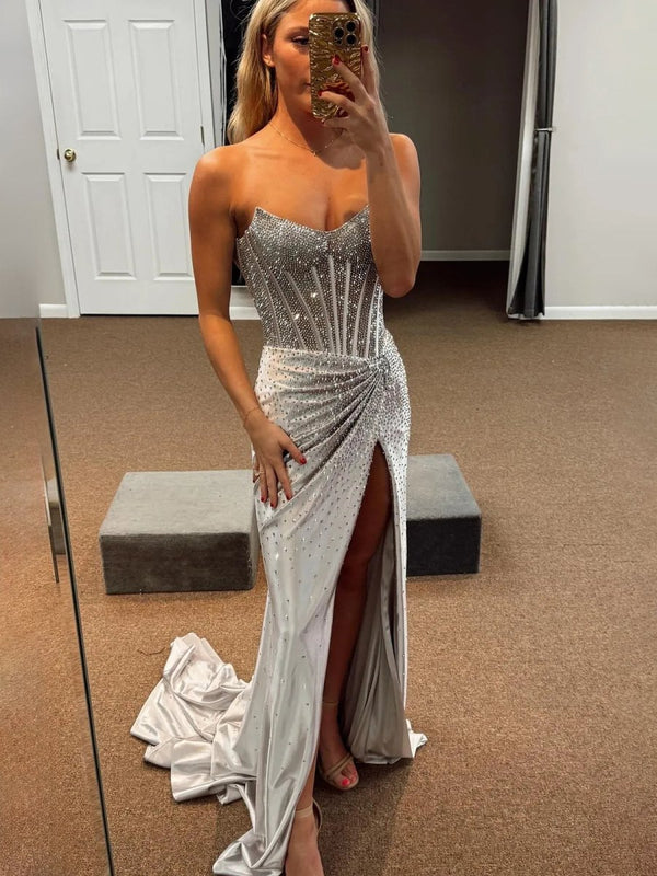 Oren | Mermaid Silver Satin Corset Long Prom Dresses with Slit - KissProm