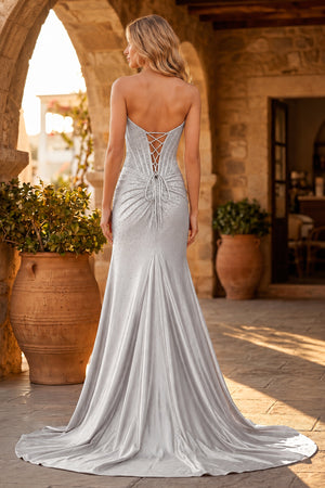 Mermaid Gold Strapless Satin Corset Long Prom Dresses with Slit - KissProm