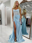 Oren | Mermaid Gold Satin Corset Long Prom Dresses with Slit - KissProm