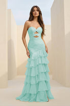 Orenda | Aqua - Mermaid Strapless Chiffon Ruffled Long Prom Dresses with Keyholes - KissProm