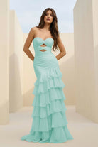 Orenda | Aqua - Mermaid Strapless Chiffon Ruffled Long Prom Dresses with Keyholes - KissProm
