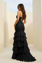 Orenda | Black - Mermaid Strapless Chiffon Ruffled Long Prom Dresses with Keyholes - KissProm