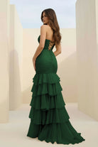 Orenda | Dark Green - Mermaid Strapless Chiffon Ruffled Long Prom Dresses with Keyholes - KissProm
