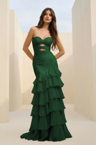 Orenda | Dark Green - Mermaid Strapless Chiffon Ruffled Long Prom Dresses with Keyholes - KissProm