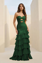 Orenda | Dark Green - Mermaid Strapless Chiffon Ruffled Long Prom Dresses with Keyholes - KissProm