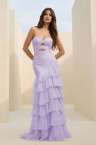 Orenda | Lavender - Mermaid Strapless Chiffon Ruffled Long Prom Dresses with Keyholes - KissProm