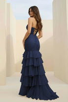 Orenda | Navy Blue - Mermaid Strapless Chiffon Ruffled Long Prom Dresses with Keyholes - KissProm