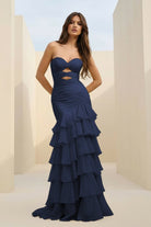 Orenda | Navy Blue - Mermaid Strapless Chiffon Ruffled Long Prom Dresses with Keyholes - KissProm