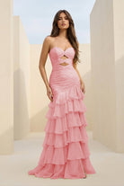 Orenda | Pink - Mermaid Strapless Chiffon Ruffled Long Prom Dresses with Keyholes - KissProm