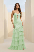 Orenda | Sage - Mermaid Strapless Chiffon Ruffled Long Prom Dresses with Keyholes - KissProm