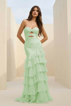 Orenda | Sage - Mermaid Strapless Chiffon Ruffled Long Prom Dresses with Keyholes - KissProm