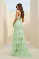 Orenda | Sage - Mermaid Strapless Chiffon Ruffled Long Prom Dresses with Keyholes - KissProm