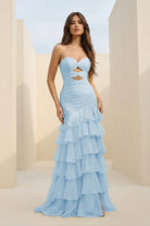 Orenda | Sky Blue - Mermaid Strapless Chiffon Ruffled Long Prom Dresses with Keyholes - KissProm