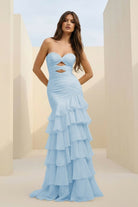 Orenda | Sky Blue - Mermaid Strapless Chiffon Ruffled Long Prom Dresses with Keyholes - KissProm