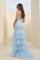 Orenda | Sky Blue - Mermaid Strapless Chiffon Ruffled Long Prom Dresses with Keyholes - KissProm
