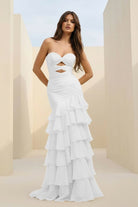 Orenda | White - Mermaid Strapless Chiffon Ruffled Long Prom Dresses with Keyholes - KissProm