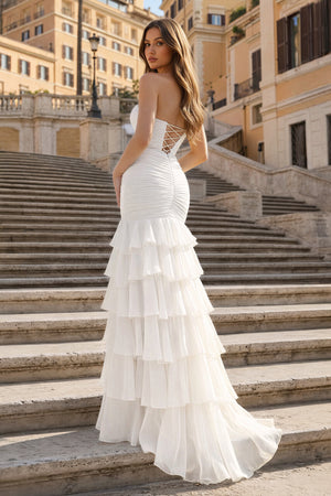 KissProm-White  Mermaid Sweetheart Chiffon Ruffled Long Prom Dresses with Keyholes