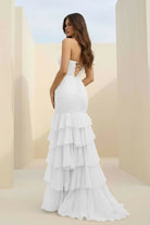 Orenda | White - Mermaid Strapless Chiffon Ruffled Long Prom Dresses with Keyholes - KissProm