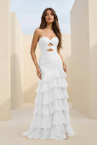 Orenda | White - Mermaid Strapless Chiffon Ruffled Long Prom Dresses with Keyholes - KissProm