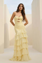Orenda | Yellow - Mermaid Strapless Chiffon Ruffled Long Prom Dresses with Keyholes - KissProm