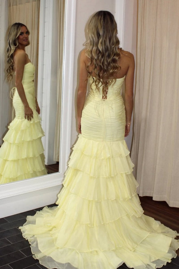 Orenda | Yellow - Mermaid Strapless Chiffon Ruffled Long Prom Dresses with Keyholes - KissProm