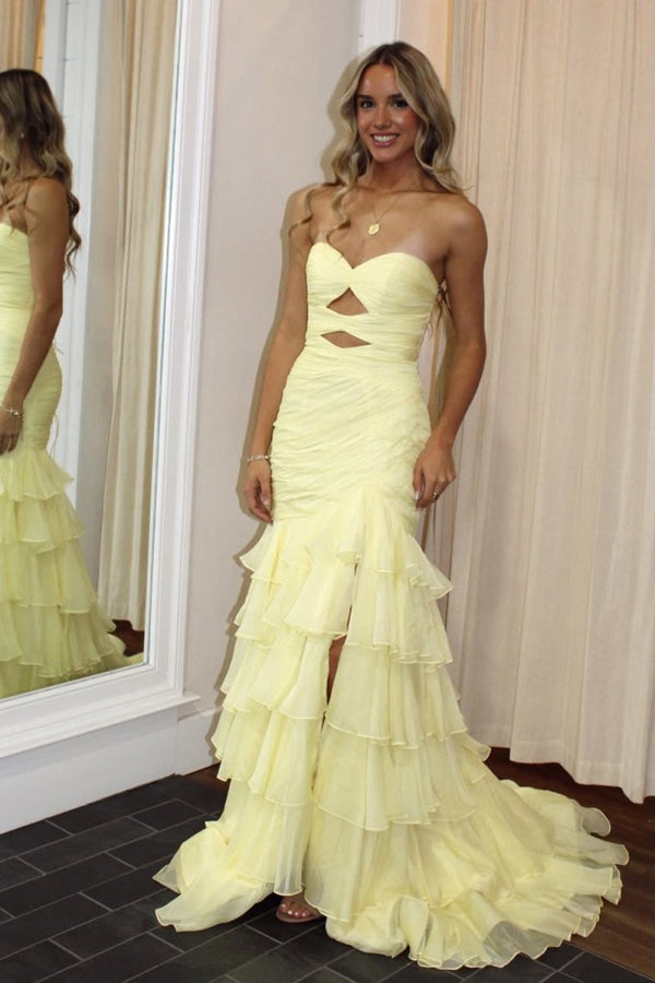 Orenda | Yellow - Mermaid Strapless Chiffon Ruffled Long Prom Dresses with Keyholes - KissProm