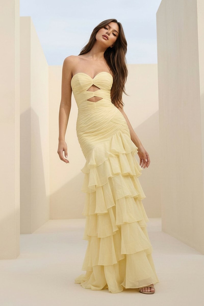 Orenda | Yellow - Mermaid Strapless Chiffon Ruffled Long Prom Dresses with Keyholes - KissProm